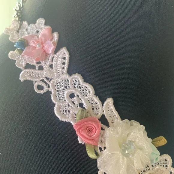 Bib Necklace flapper image glass hand sewn glass beads satin ribbon flowers - Picture 7 of 17